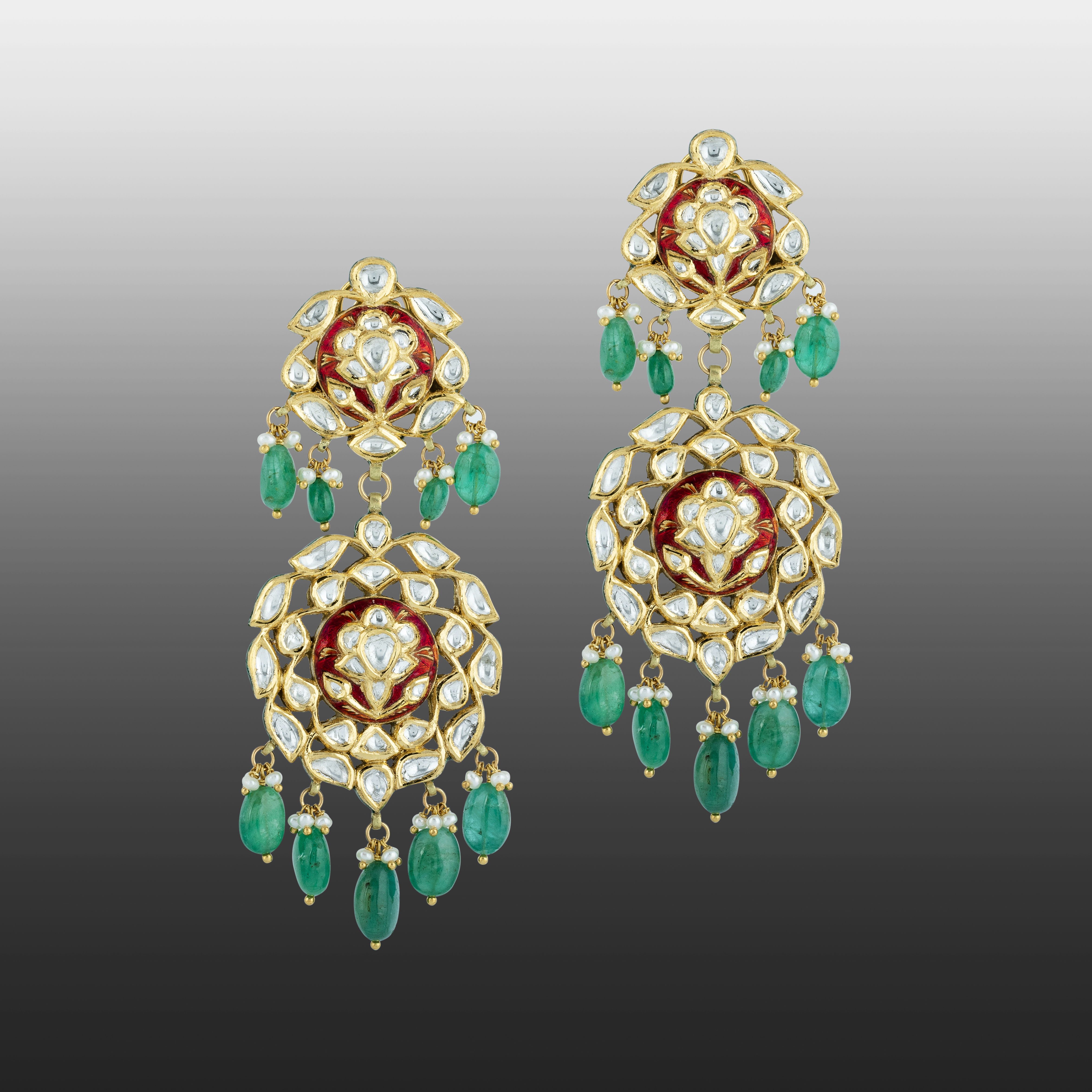 Polki Earrings with Red Enamel Base and Emerald Drops
